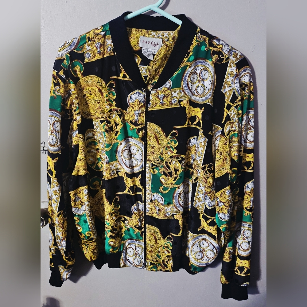 Rare Vintage Womens 1980s Papell Too Clock design Bomber zip up jacket size LG